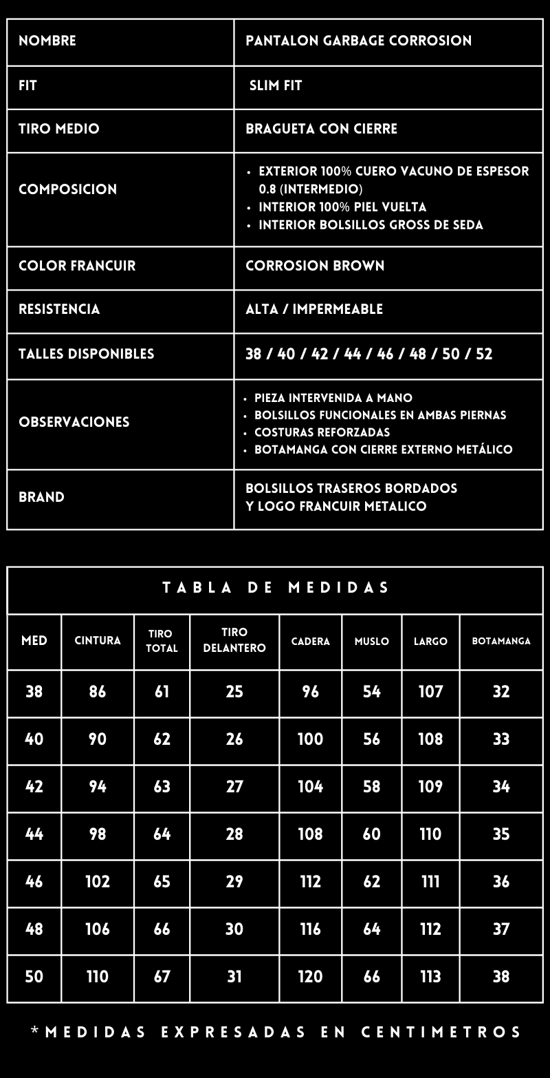 Tabla de medidas, propiedades y caracteristicas del Pantalon Garbage Brown Corrosion